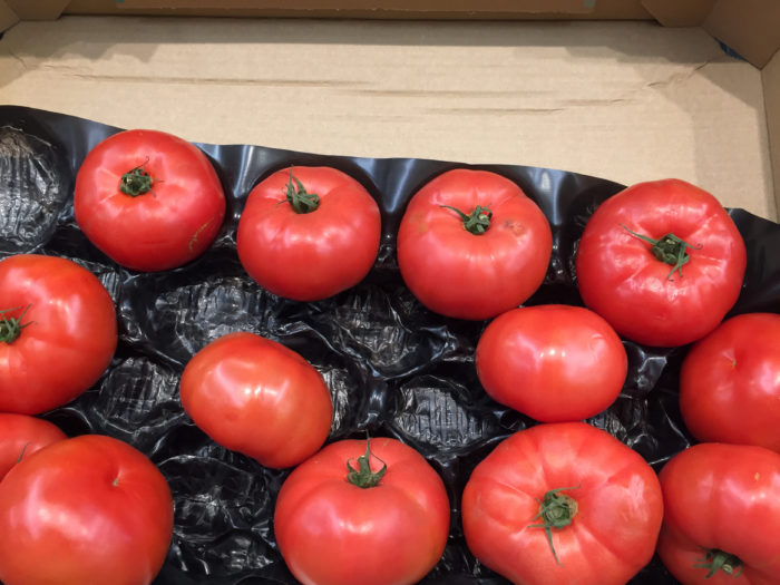 Photograph of multiple beef tomatoes in black plasting casing in a wooden crate..