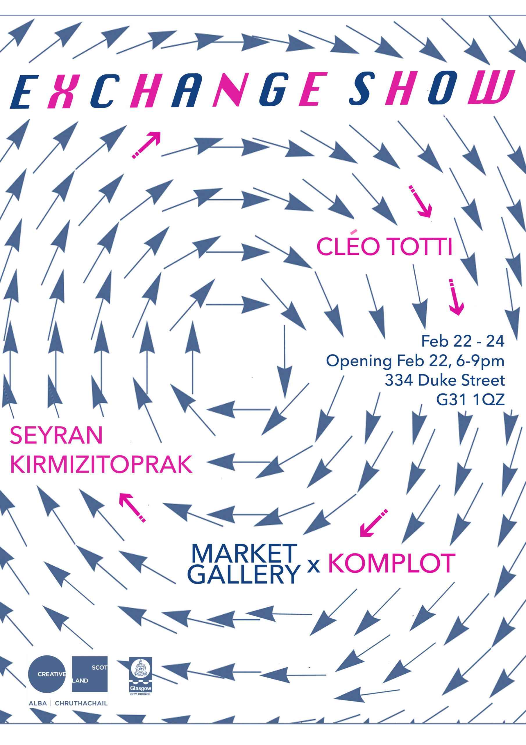 Poster composed of a vortex of dark blue arrows (resembling a meteorological display) with pink and blue text giving details of the exhibition. Title says 'Exchange Show'.