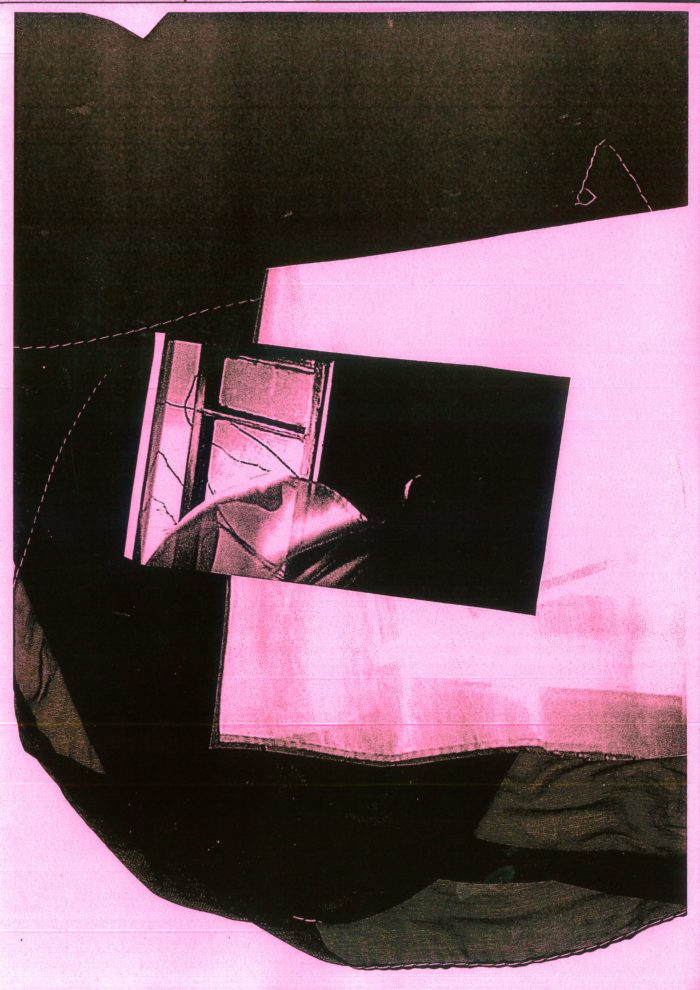 A collage which has a photograph in the middle, the photograph is upside down and is of an open window with a net curtain blowing in the wind, through the window you can see spindly leafless tree branches. The photograph is collaged onto a flattened fabric background. The image is all in tones of bright pink and black. 