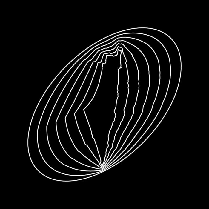 black and white graphic of concentric elliptical shapes growing from an outline of palestinian land