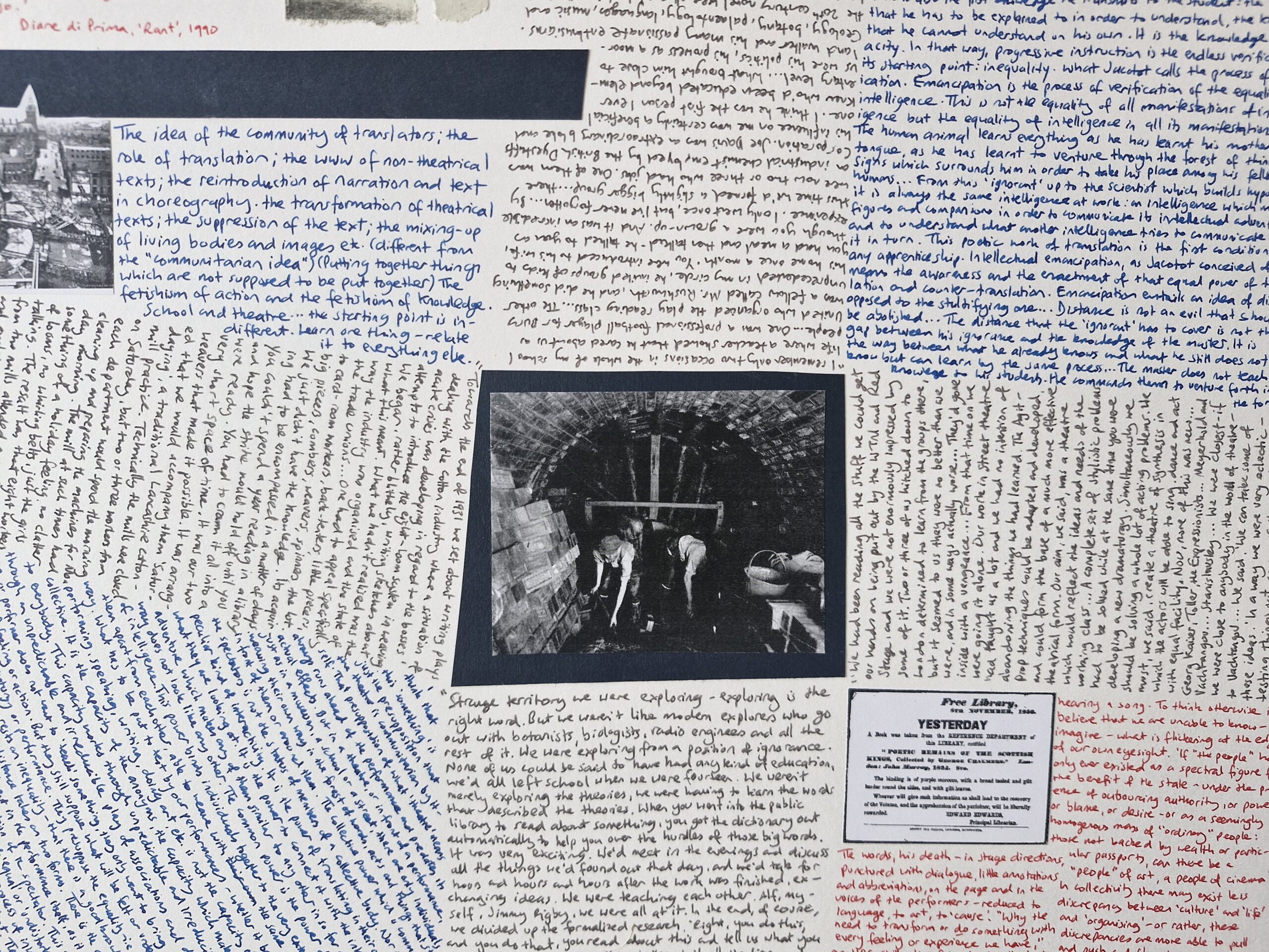 A collage with a central photocopied old black and white photograph with miners at work. Around the central image there are blocks of text hand written using blue, red and black pen alongside newspaper clipings