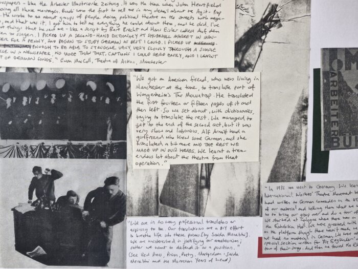 A collage with photocopies of old black and white photographs combined with handwritten texts. There also two blocks of colour, one green one red.