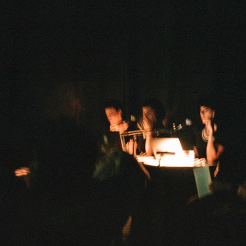 The three artists of The Camellia Committee sitting down in front of a desk with microphones in a darkroom. The picture is blurry.
