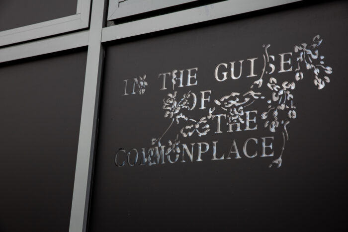 A close up photograph of a window vinyl. The vinyl is black with transparent cut out text reading: IN THE GUISE OF THE COMMONPLACE. The text has a leafy motif throughout it hiding some of the letters.